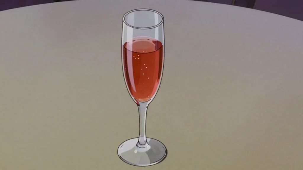 Kir Royal, crème de cassis topped with champagne, drunk as an apéritif, France cocktail, anime style