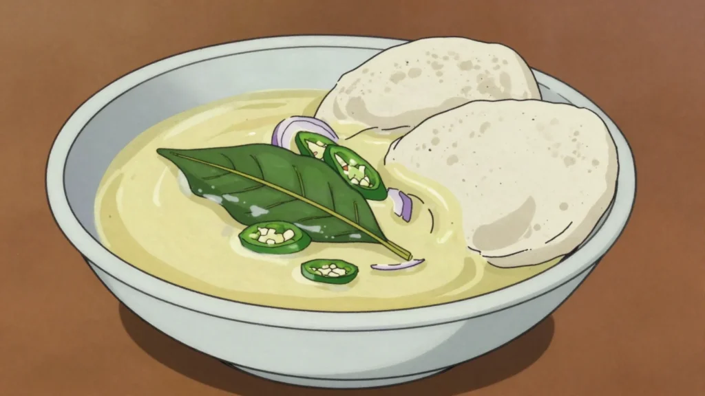 Kiri Hodi, thin coconut-milk gravy with turmeric, curry leaf and lime, poured over, Sri Lanka soup & stew, anime style