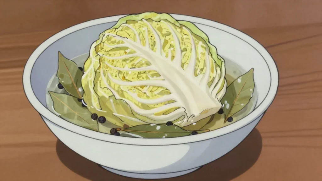 Kisela zelka, whole cabbage fermented in brine, its leaves used for sarma, North Macedonia fermented & pickled, anime style