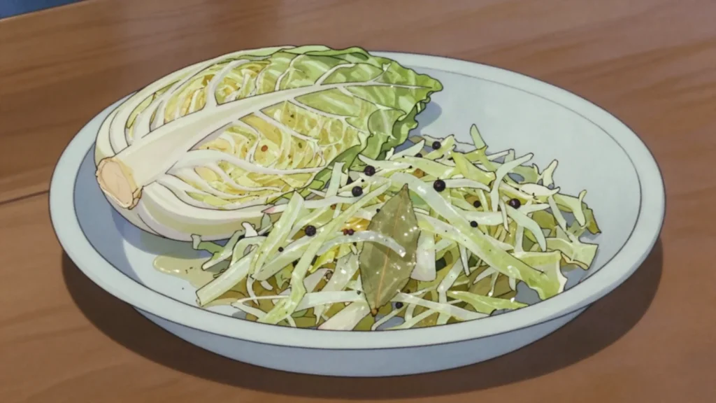 Kiseli kupus, whole cabbage heads soured in brine, the leaves used for sarma, Croatia fermented & pickled, anime style