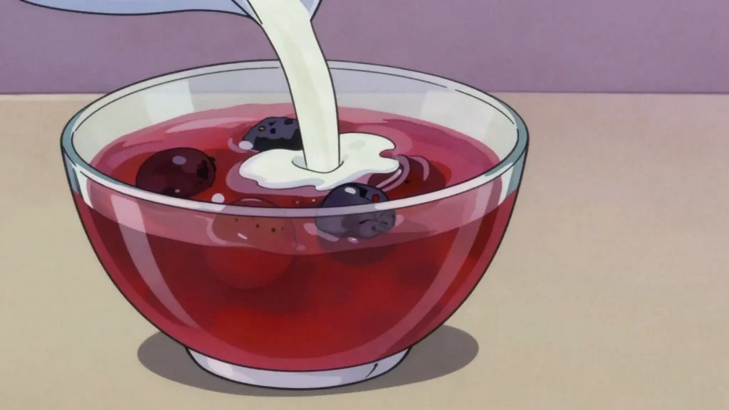 Ķīselis, berry or rhubarb juice thickened with starch, eaten with milk, Latvia dessert, anime style