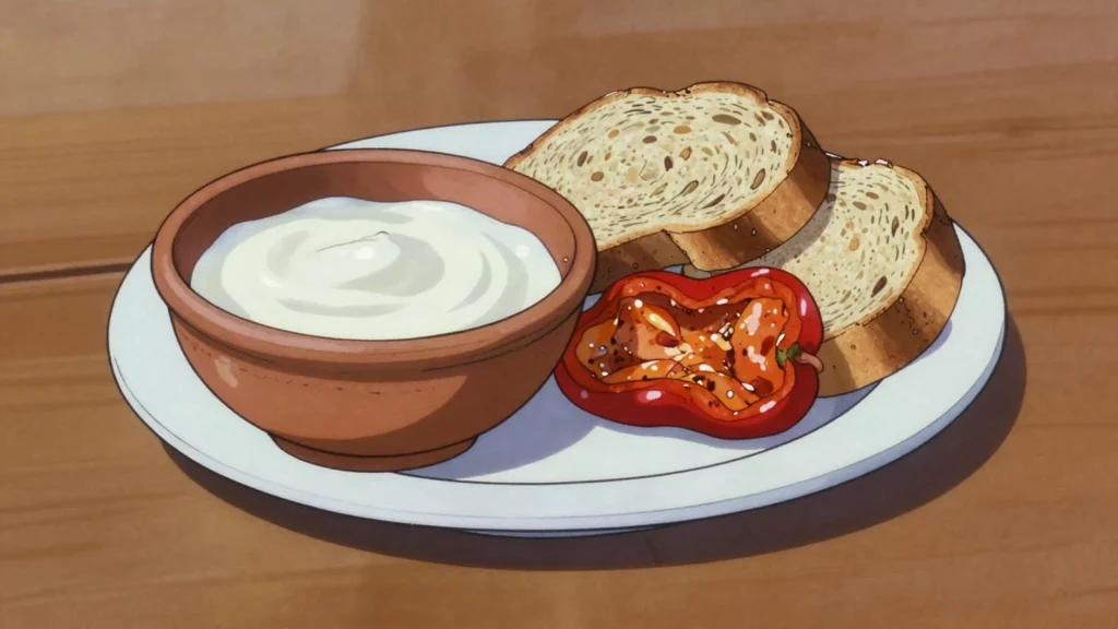 Kiselo mleko, thick soured milk eaten with bread, peppers or on its own, North Macedonia cheese & dairy, anime style