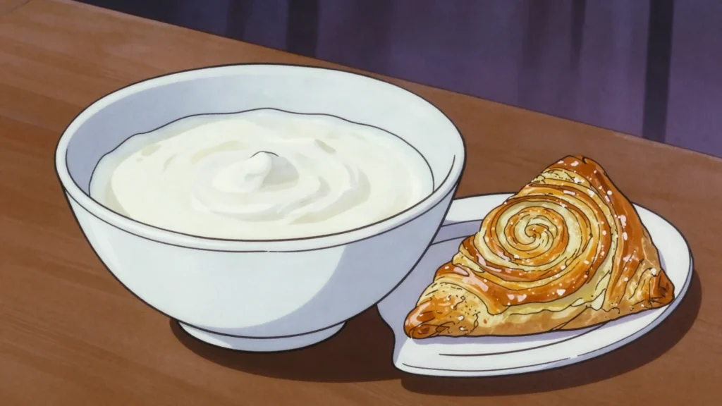 Kiselo mlijeko, thick soured milk drunk from a bowl with pita or, Bosnia and Herzegovina fermented & pickled, anime style