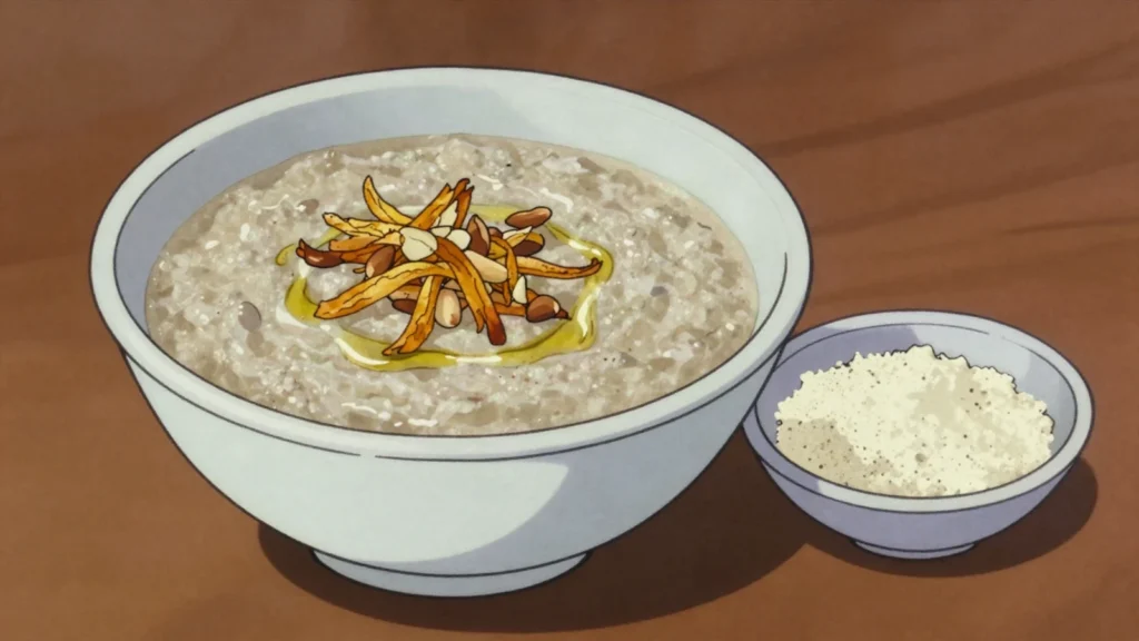 Kishk, sour powder of bulgur fermented with milk, cooked into breakfast soup, Lebanon fermented & pickled, anime style