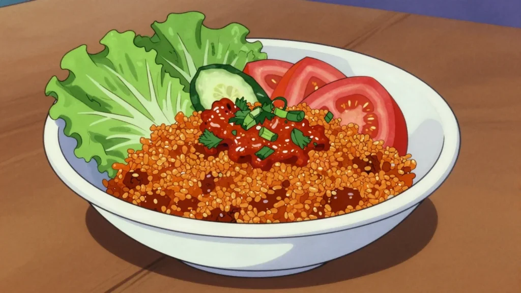 Kisir, bulgur salad with pepper paste, pomegranate molasses and herbs, Turkey salad & side, anime style