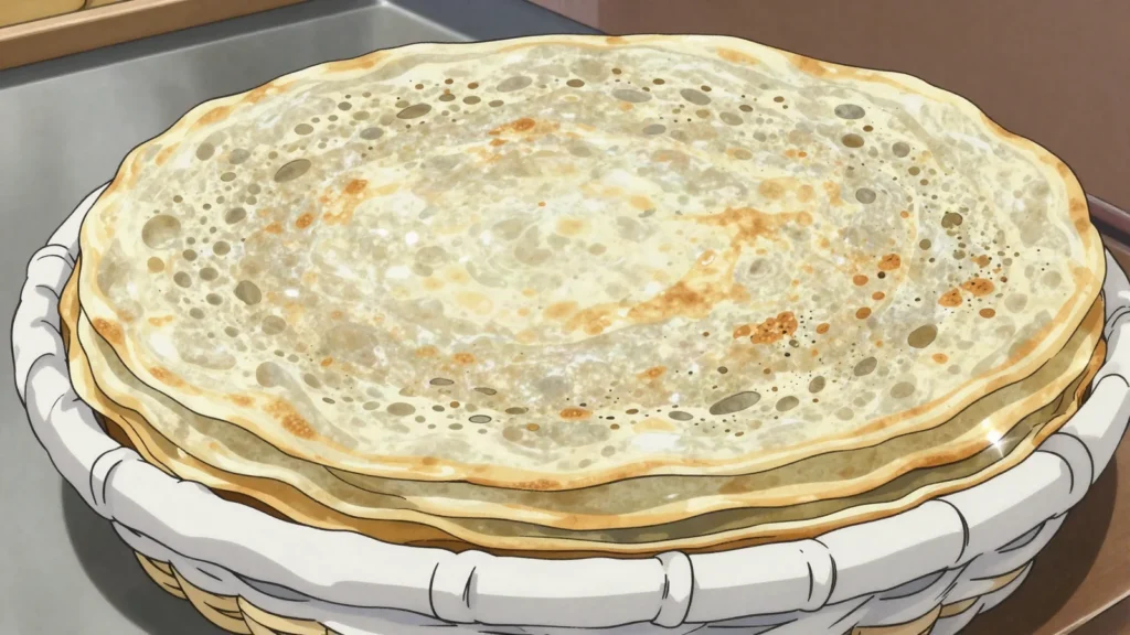 Kisra, paper-thin fermented sorghum crepes, the base of Sudanese meals, Sudan bread & pastry, anime style