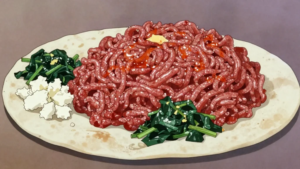 Kitfo, minced raw beef warmed with mitmita chili and clarified butter, Ethiopia main, anime style
