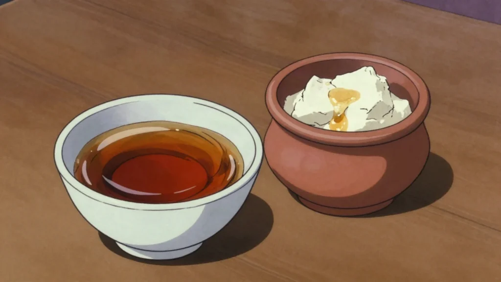 Kithul Treacle, dark, smoky syrup boiled from fishtail palm sap, poured over curd, Sri Lanka sauce & condiment, anime style