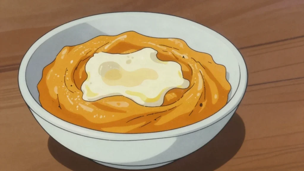 Kiveve, creamy pumpkin-cornmeal puree with cheese, sweet-savory, Paraguay salad & side, anime style