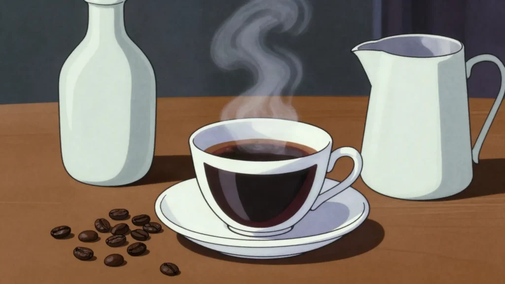 Kivu coffee, bright high-altitude arabica grown on the volcanic hills above Lake Kivu, DR Congo drink, anime style