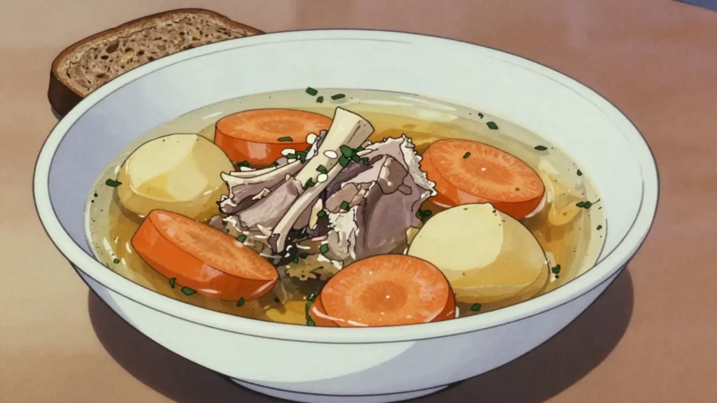 Kjötsúpa, hearty clear lamb soup with root vegetables and herbs, Iceland soup & stew, anime style