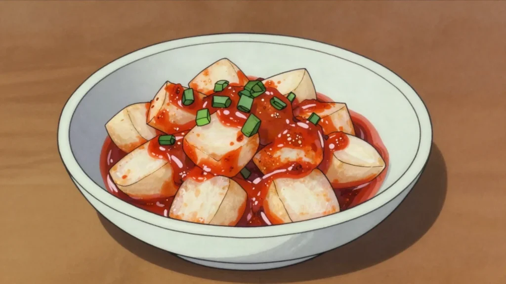 Kkakdugi, crunchy cubes of radish kimchi, the standard partner to ox-bone soups, South Korea fermented & pickled, anime style