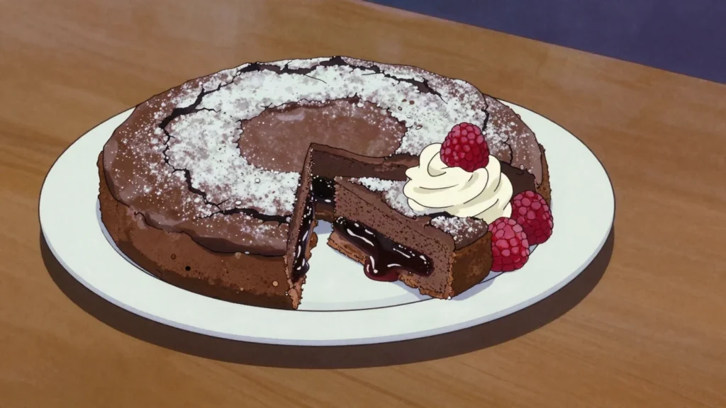 Kladdkaka, dense underbaked chocolate cake, sticky in the middle, served with cream, Sweden dessert, anime style