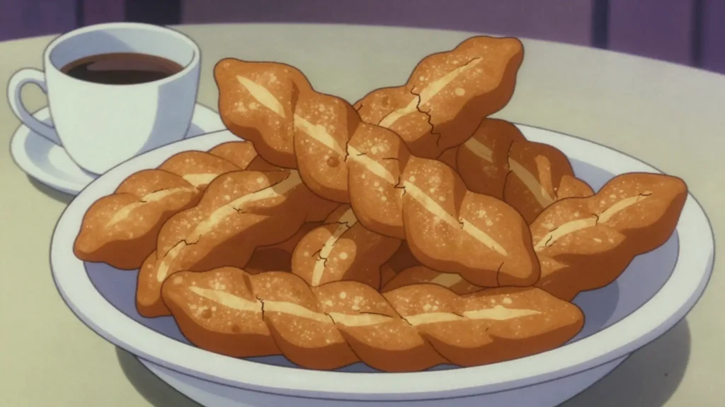 Kleina, twisted cardamom doughnuts, a coffee companion, Iceland snack, anime style