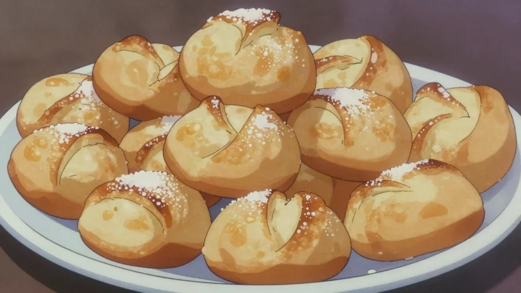 Klejner, twisted knots of cardamom dough fried crisp in fat, Denmark snack, anime style