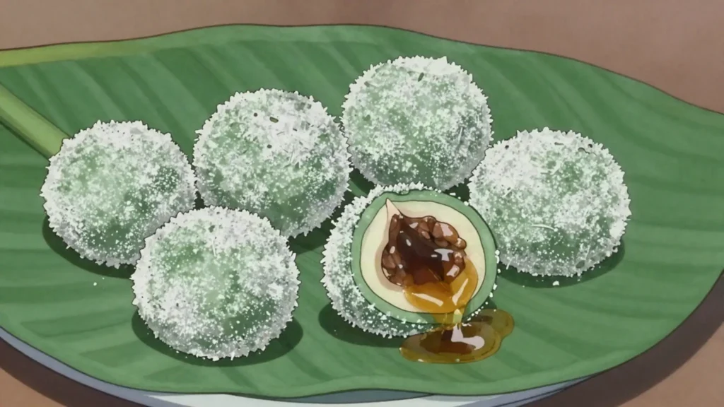 Klepon, pandan rice balls that burst with molten palm sugar, Indonesia snack, anime style