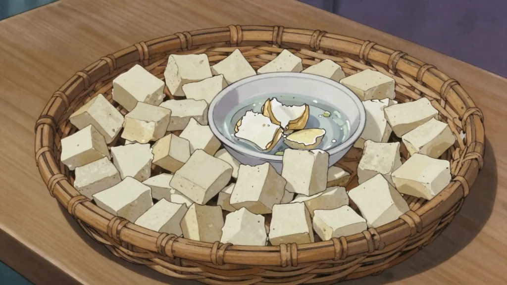 Klila, dried crumbly curd made from soured milk, kept for months and cooked into, Algeria fermented & pickled, anime style