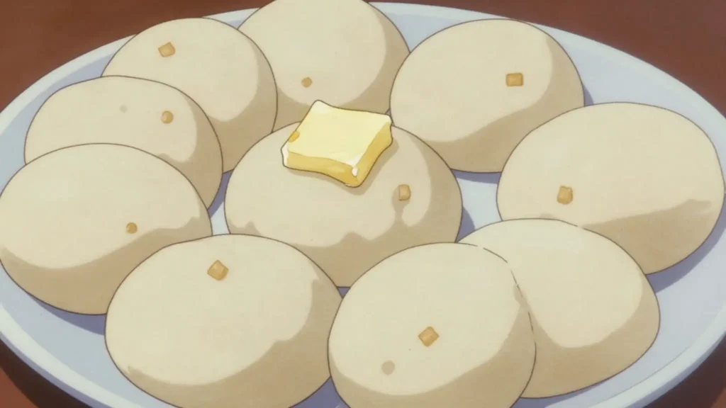 Knedlíky, sliced boiled bread dumplings made for soaking sauce, Czechia salad & side, anime style