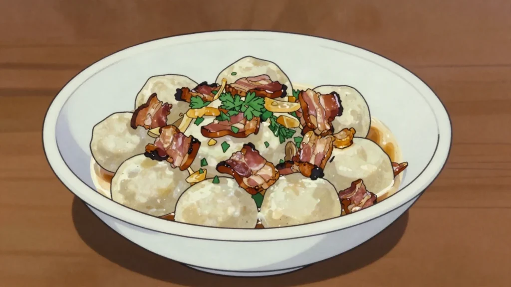 Kniddelen, chewy flour dumplings with crispy bacon and cream, Luxembourg main, anime style