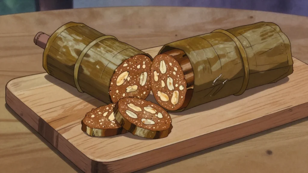 Koba, banana, peanut and rice-flour cake steamed in banana leaves, Madagascar dessert, anime style