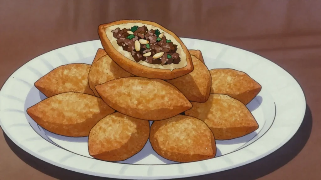 Kobeba, bulgur shells stuffed with spiced minced meat and pine nuts, deep-fried, Egypt street food, anime style