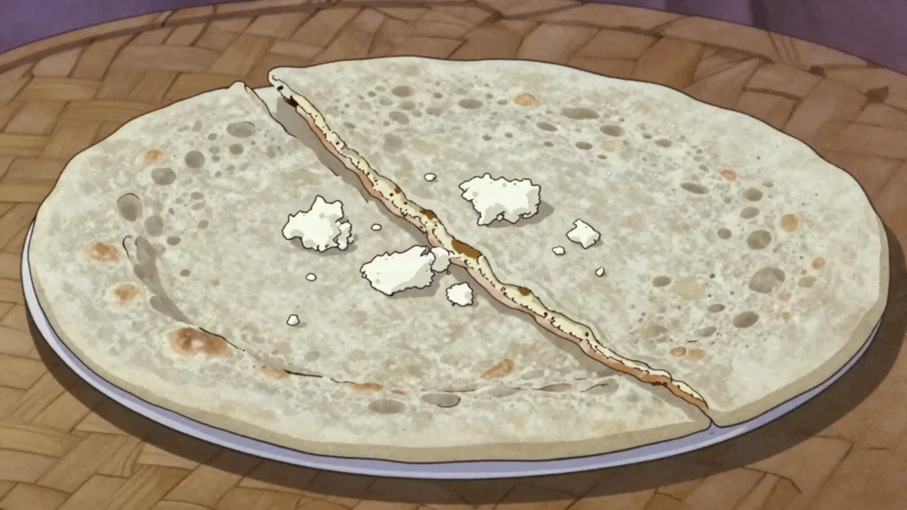 Kocho, dense fermented flatbread from enset, the false banana, sliced with kitfo, Ethiopia bread & pastry, anime style
