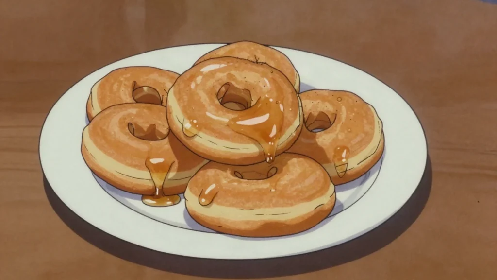 Koeksister, plaited doughnut soaked in cold syrup, crisp then sticky, South Africa dessert, anime style