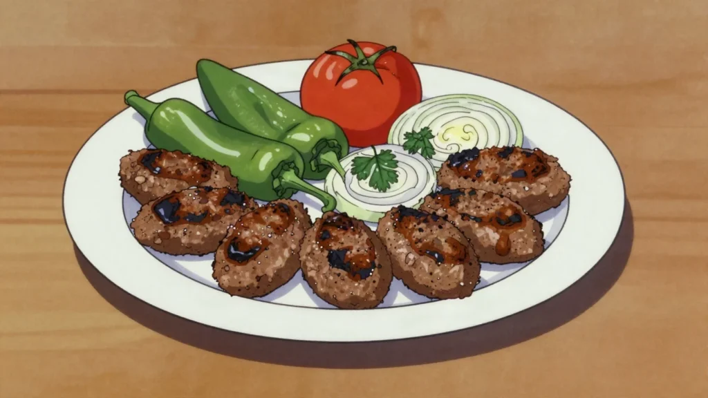 Kofte, grilled minced-meat patties with onion and spices; countless regional styles, Turkey main, anime style