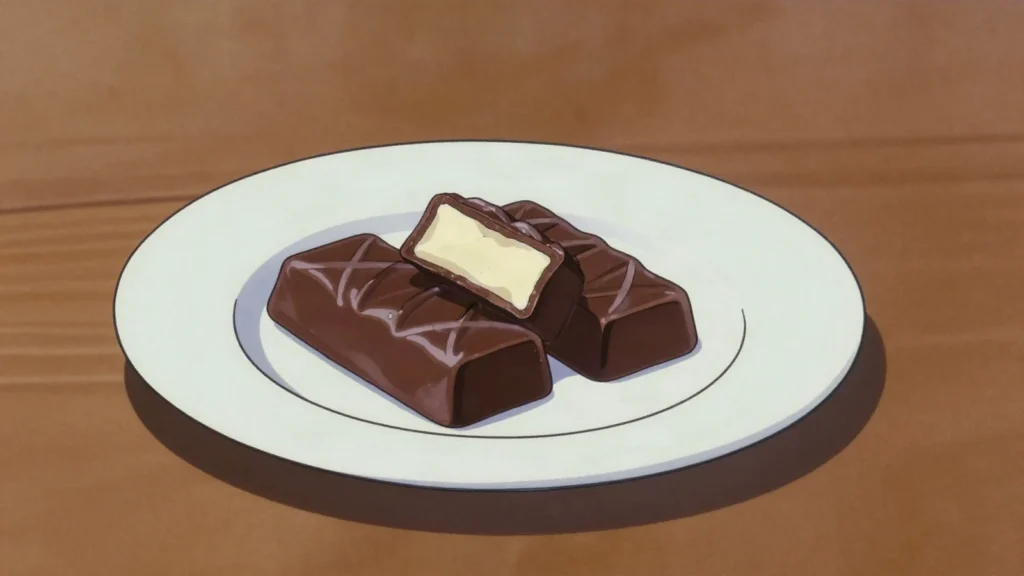 Kohuke, chocolate-coated sweet curd bars from every kiosk, Estonia cheese & dairy, anime style