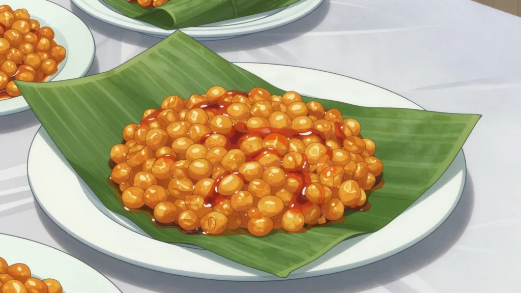 Koki, steamed cowpea and palm-oil pudding wrapped in banana leaves, Cameroon main, anime style