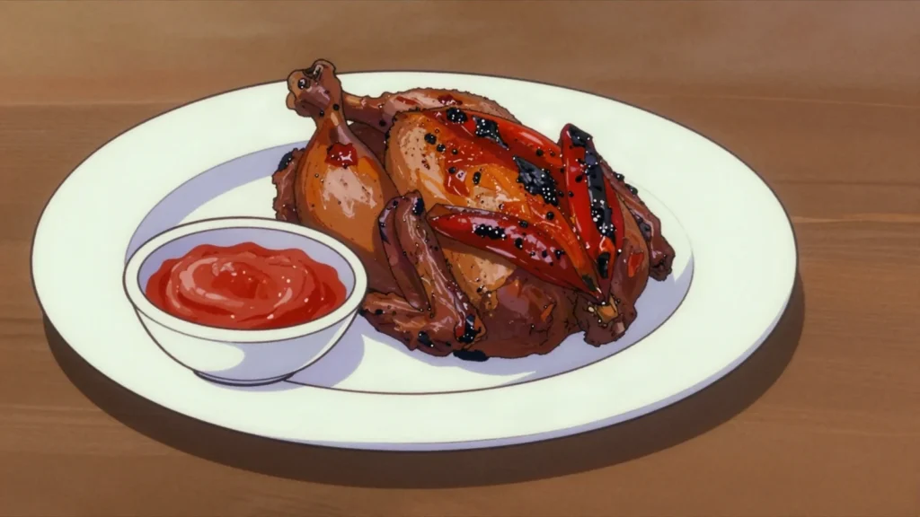 Koklo mémé, chili-rubbed grilled chicken with fiery tomato dip, Togo main, anime style