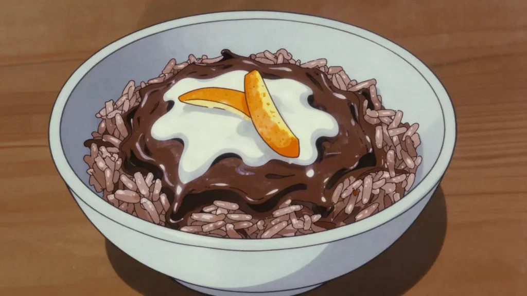 Koko Alaisa, rice simmered with local cocoa and sugar until dark, sweet and slightly bitter, Samoa breakfast, anime style