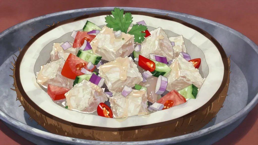 Kokoda, raw fish cured in lime, dressed with coconut milk, chili and onion, Fiji main, anime style