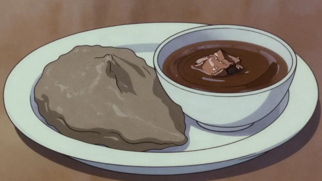 Kokonte, dark cassava-flour swallow nicknamed face the wall for its plainness, Ghana main, anime style
