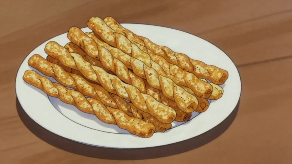Kokoro, crunchy fried sticks of maize flour and sugar, sold in twisted plastic bags, Nigeria snack, anime style