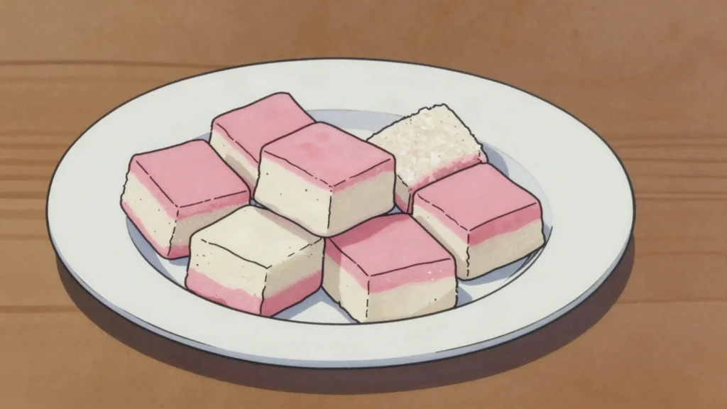 Kokosbrood, chewy pink and white coconut candy cut into small blocks, Suriname dessert, anime style