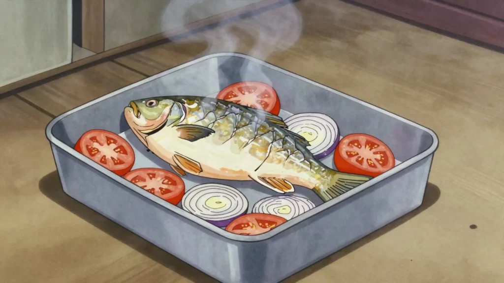 Koktal, fish hot-smoked with vegetables in a metal box over smouldering wood, Kazakhstan main, anime style