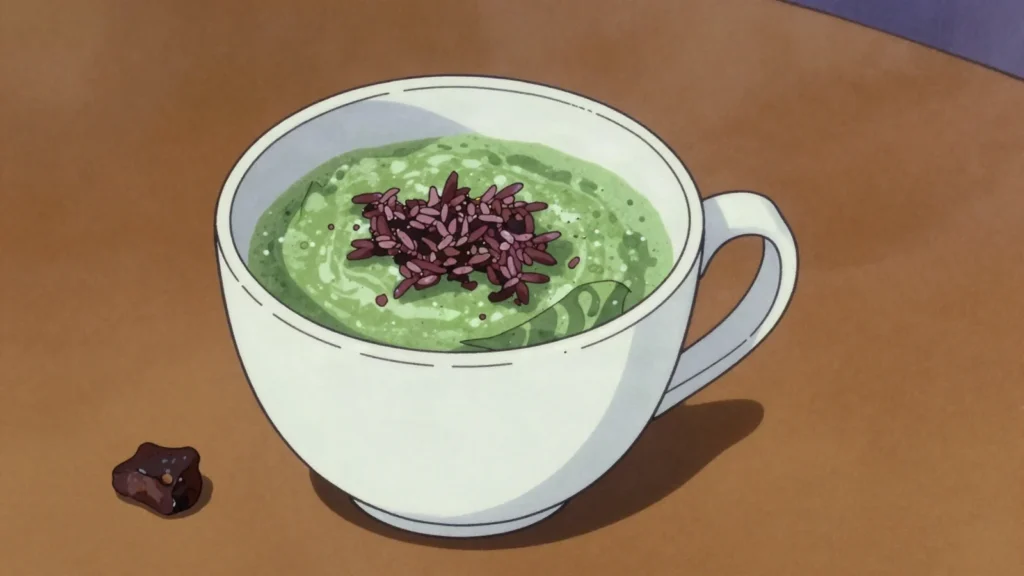 Kola Kanda, green herbal porridge of rice, coconut milk and pounded medicinal leaves, Sri Lanka breakfast, anime style
