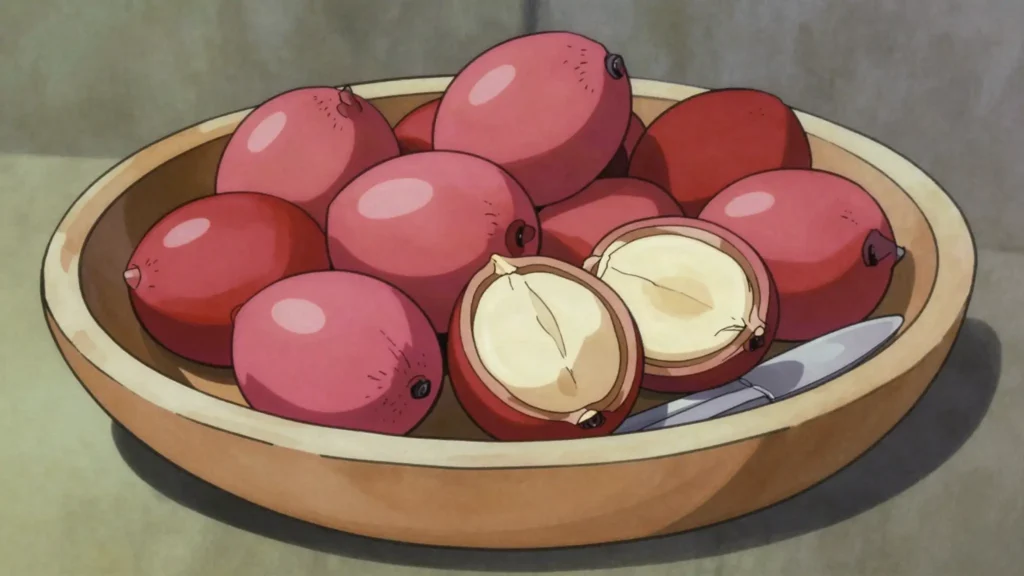 Kola nut, bitter caffeine-rich seed chewed slowly and offered to guests on arrival, Equatorial Guinea snack, anime style
