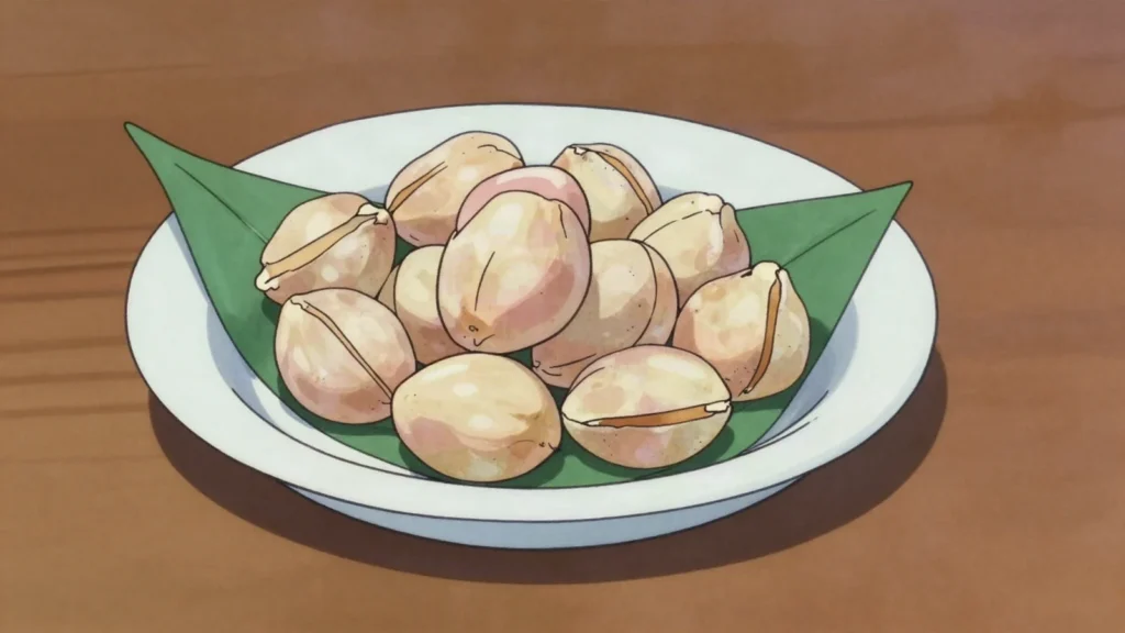 Kola nuts, bitter caffeine-rich nuts chewed slowly and exchanged at ceremonies, Mali snack, anime style