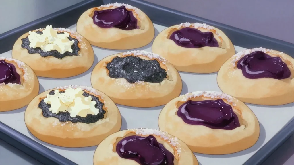 Kolache, round sweet yeast buns topped with quark, poppy, plum jam, Czechia bread & pastry, anime style