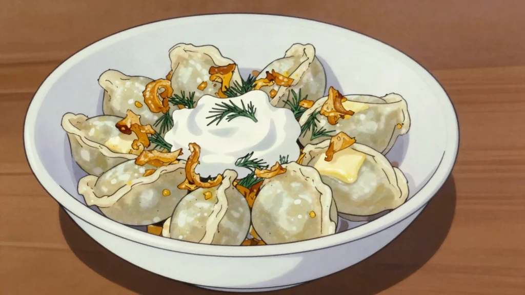 Koldūnai, boiled half-moon dumplings filled with meat or curd, served with sour cream, Lithuania main, anime style