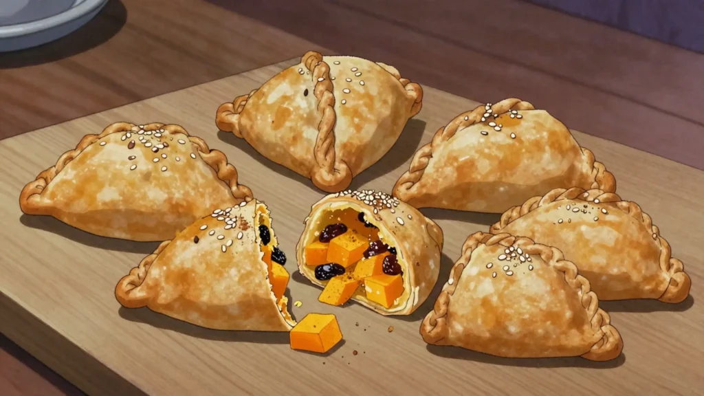 Kolokotes, folded pasties of pumpkin, cracked wheat and raisins, baked crisp, Cyprus bread & pastry, anime style