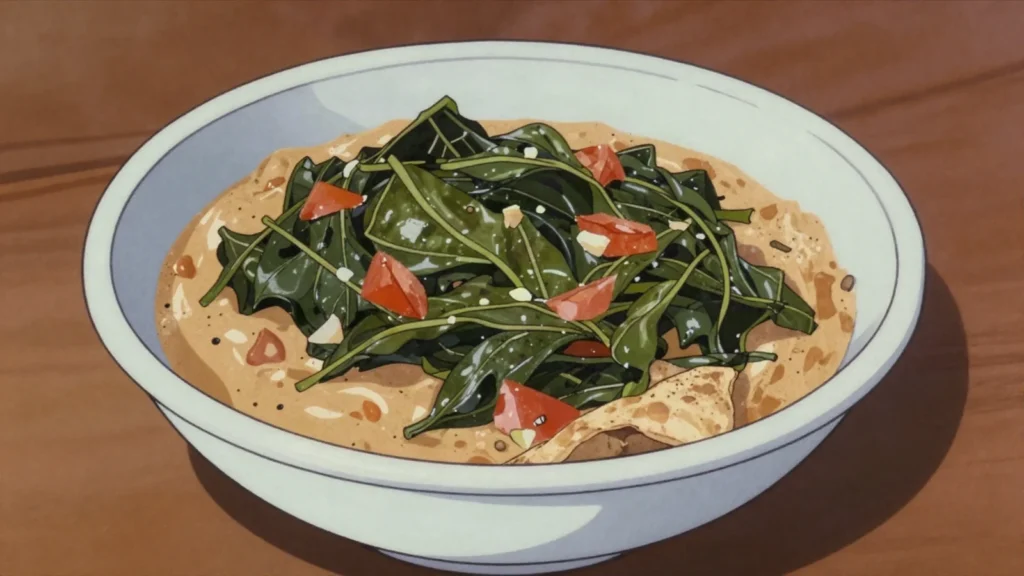 Kombo, pounded green leaves simmered with groundnut paste in the south-west, South Sudan soup & stew, anime style