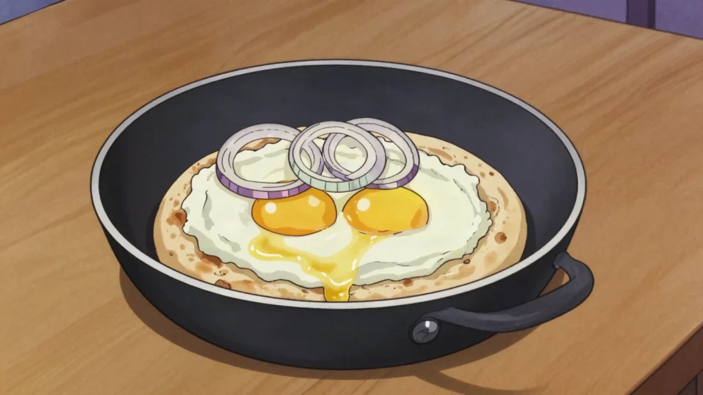 Komplet lepinja, užice flatbread loaded with kajmak, egg, roast drippings, Serbia street food, anime style