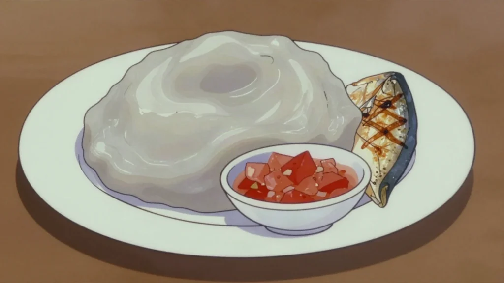 Kondowole, elastic cassava-flour paste eaten with fish in the north, Malawi main, anime style