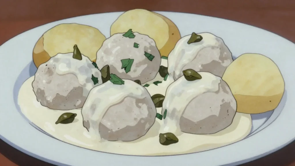 Königsberger Klopse, veal meatballs in creamy caper sauce with boiled potatoes, Germany main, anime style