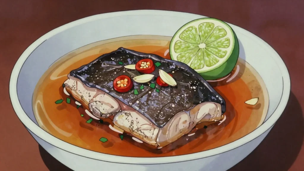 Konkoé, smoked catfish soup sharp with garlic, pepper and lime, Guinea soup & stew, anime style