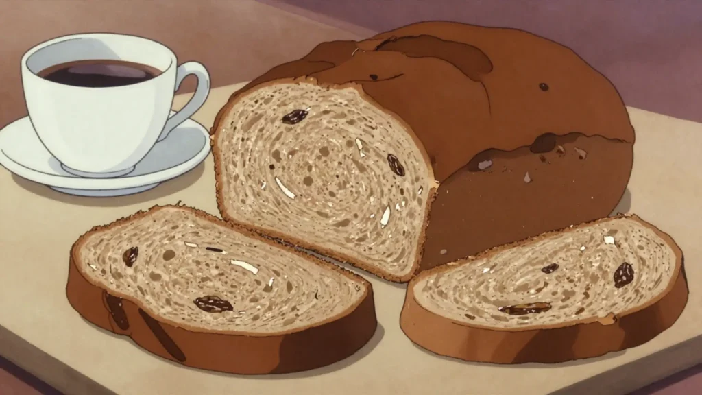 Konparèt, dense spiced coconut bread with ginger and nutmeg, sliced thick, Haiti bread & pastry, anime style