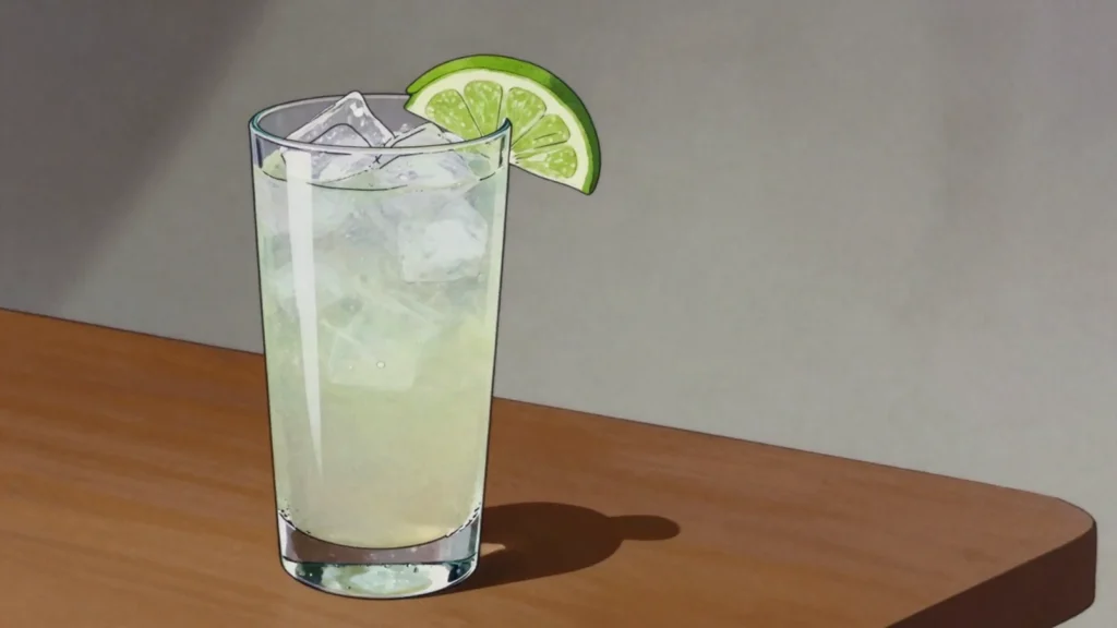 Konyagi, clear sugarcane spirit in a square bottle, drunk with soda and lime, Tanzania wine & spirit, anime style